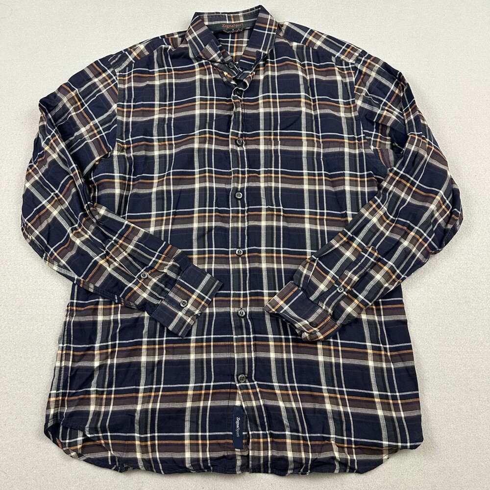 Zegna Sport Shirt Men Medium Blue Brown Plaid Long Sleeve Button Up Pocket M
